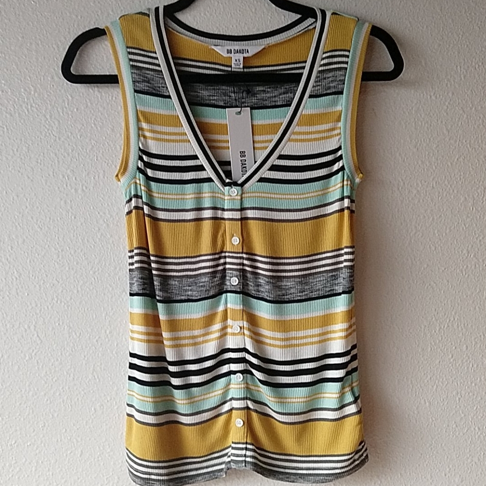 BB Dakota Striped Yellow Sleeveless Shirt Knit's You So Lemon Drop Top XS